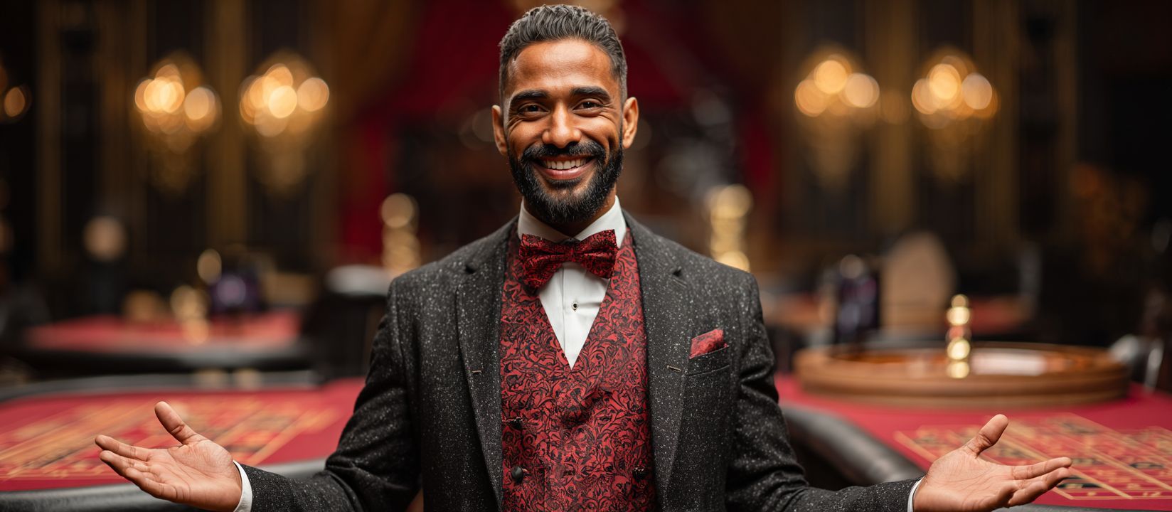 Smiling elegant man in a black suit with red vest at a roulette table, representing live casino experience at 4999BET
