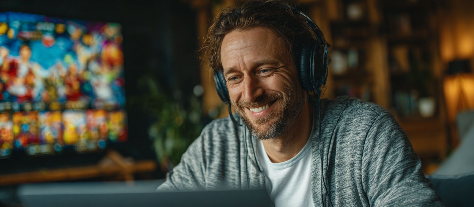 Happy man with headphones playing colorful online slots on a laptop, showing the variety of 4999BET casino games