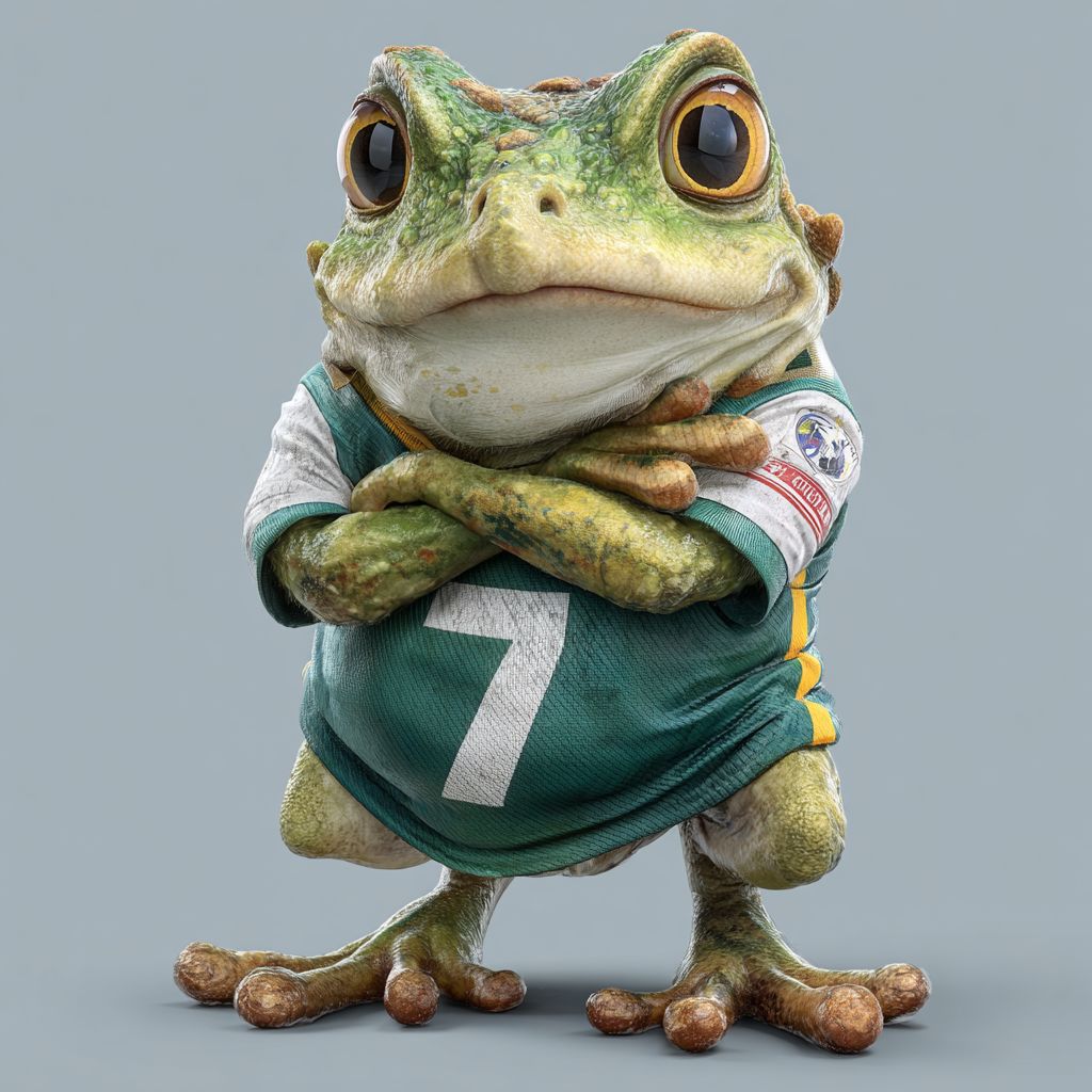 Funny frog in a sports jersey with number 7, representing sports betting and big wins at 4999BET