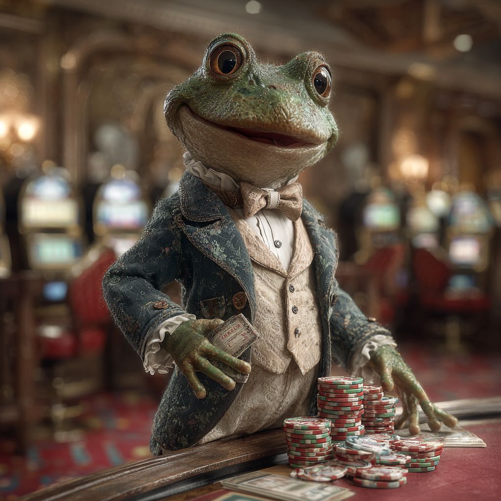 Elegant frog in a vintage suit at a casino table with poker chips, highlighting the luxury of 4999BET live casino games