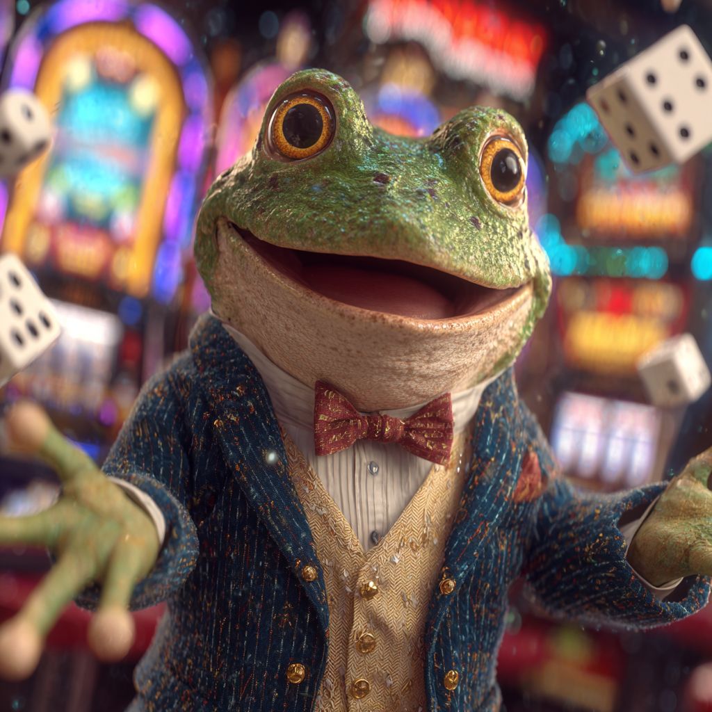 Smiling frog in a sparkling suit throwing dice with slot machines in the background, showcasing 4999BET casino games