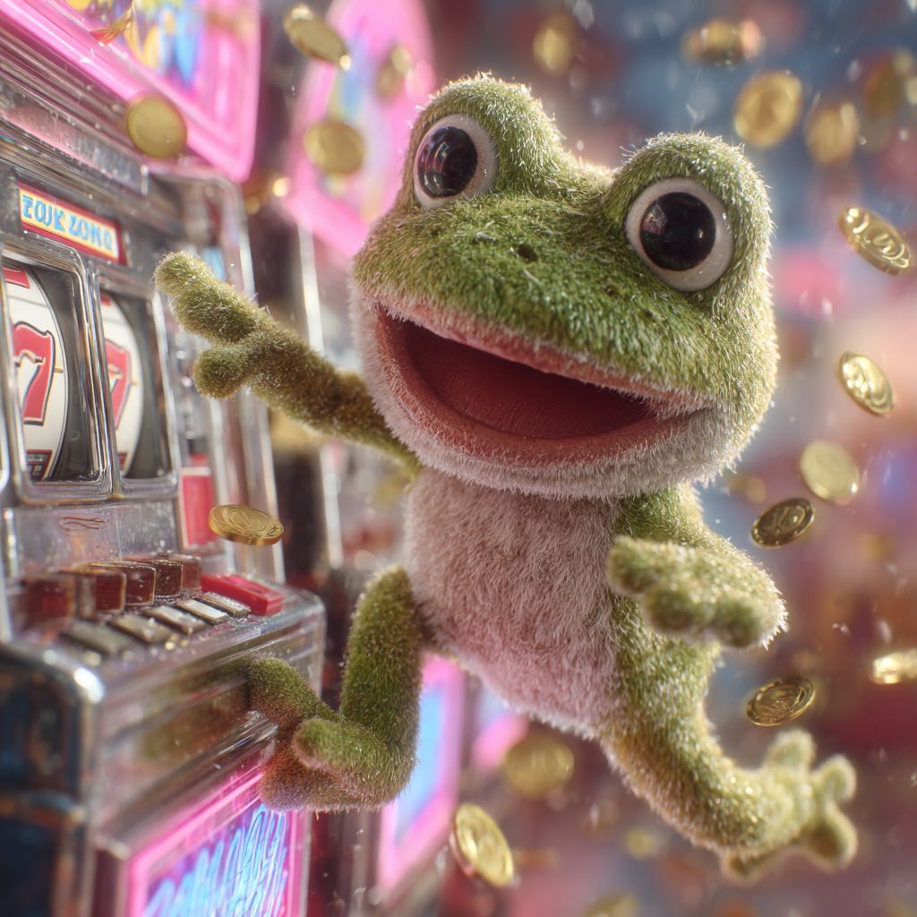 Spin the reels at 4999BET slots and hit the jackpot Happy frog mascot jumping near a slot machine with golden coins flying, showing big wins at 4999BET slots
