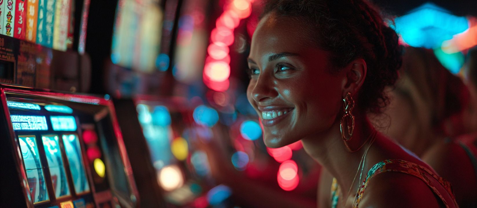 Spin the reels at 4999BET slots and win big prizes Young woman smiling while playing slot machines with glowing lights in the casino, highlighting 4999BET slots entertainment