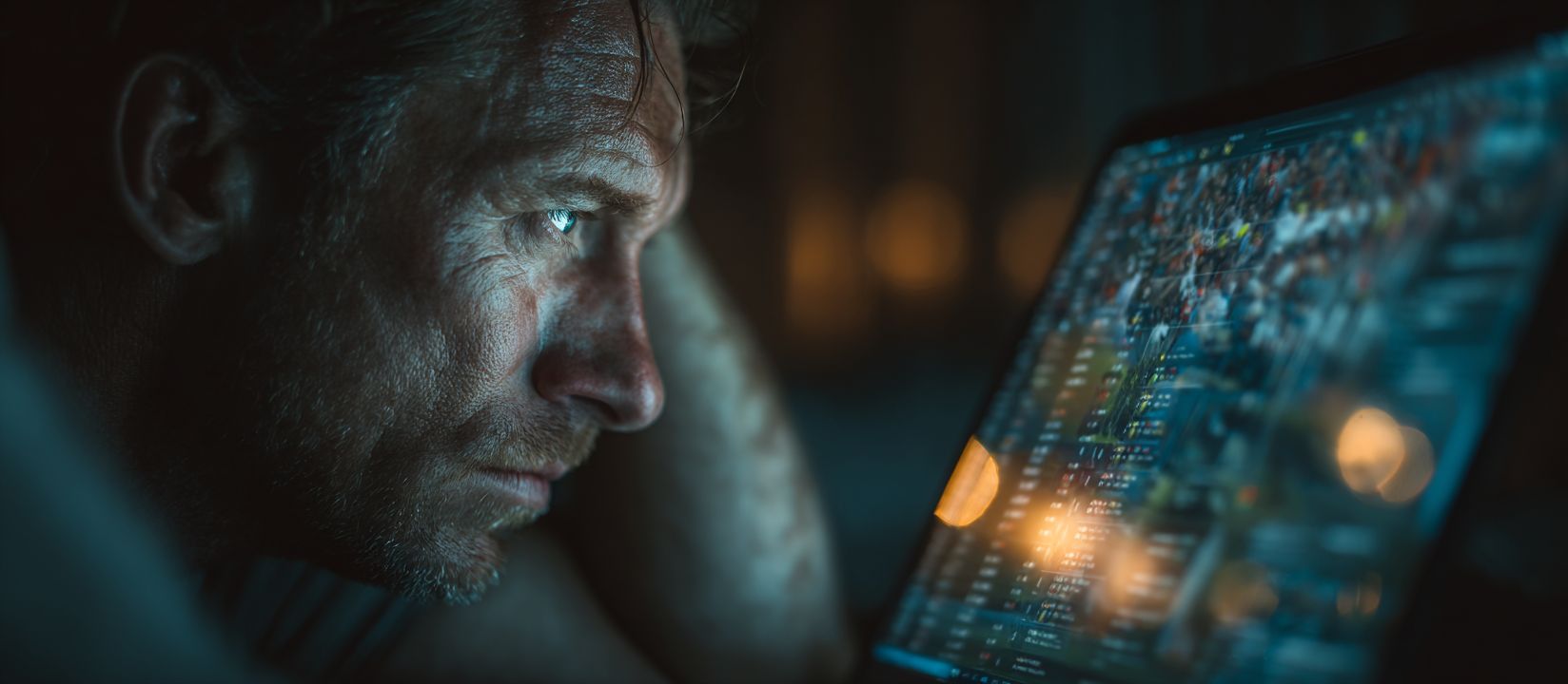 Focused man looking at live sports betting odds on a tablet, symbolizing 4999BET sports betting excitement